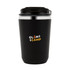 A drink bottle in matte black with a silver band and a logo featuring the words "GLAM CAMP."