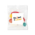 A clear plastic bag containing colourful candies, featuring a label with a logo.