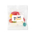 A clear plastic bag containing assorted coloured gummy candies, with a logo on the front.