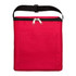 A red insulated bag with a zip closure and a front pocket, featuring a black strap on top.