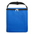 A blue cooler bag with a black zipper and handle, featuring a front pocket and a sturdy design.