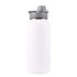 A drink bottle in white with a grey lid and a sleek design, featuring a logo on the side.