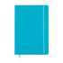 A turquoise notebook with a matching elastic band and a ribbon marker. It features a smooth, solid cover.