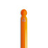 An orange gel ink pen with a smooth barrel and a logo indicating recycled material.