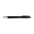 A black gel ink pen with a silver tip and clip, featuring a sleek, modern design and a logo on the body.