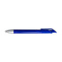 A blue gel ink pen with a white tip and a sleek design, featuring a logo on the barrel.