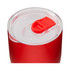 A red coffee cup with a clear lid and a red silicone stopper on top. The design is sleek and modern.