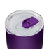 A purple coffee cup with a clear lid and a flip-top opening. It features a smooth, matte finish and a branding logo.