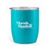 A drink bottle in a vibrant turquoise colour with a clear lid and a logo on the front.