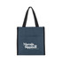 A blue tote bag with black straps and a logo on the front. The bag features a pocket and a simple design.