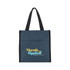 A promotional bag in navy with black handles and a logo in yellow and blue text.