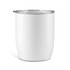 A white insulated coffee cup with a clear lid, featuring a smooth design and a branding logo.