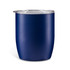 A navy blue insulated coffee cup with a clear lid, featuring a smooth matte finish and a branding logo.
