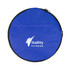 A round blue bag featuring a logo, with a zippered closure for storage or transport.