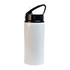 A drink bottle in white with a black lid and handle, featuring a built-in straw and branding on the lid.
