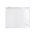 A clear pencil case with a zip closure, featuring a transparent design and a logo in the bottom corner.