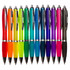 A set of plastic pens in various colors, including orange, yellow, green, blue, and purple, all with silver accents.