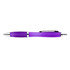 A plastic pen in a vibrant purple color with a silver clip and trimming.