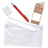 A pencil case containing a white eraser, a red pen, a ruler, and a small box of colored pencils.