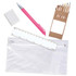 A pencil case containing colored pencils, a pink pen, a ruler, and an eraser.