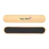 A bamboo nail file with a smooth side and a textured side, featuring a logo and a light natural wood colour.