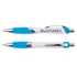 A plastic pen in white and blue with a chrome accent and a branded logo.