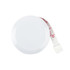 A white circular tape measure with a retractable measuring tape in red. It features a branding logo on the top.
