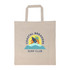 A beige tote bag with a logo featuring surfboards, palm trees, and waves in blue and yellow tones.