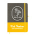 A grey and yellow A5 notebook with an illustration of a flamingo and a logo on the cover.
