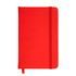 A vibrant red pocket notebook with an elastic band closure and a ribbon bookmark.