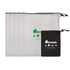 A set of five drawstring produce bags in white and one smaller black pouch, featuring a logo.