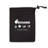 A black drawstring pouch containing harvest produce bags, featuring a logo and various fruit illustrations.