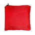 A red drawstring backpack is shown, featuring a simple design with a zippered top.