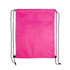 A bright pink drawstring backpack featuring black cords and a simple design. It has a brand logo.