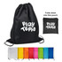 A black drawstring backpack with a pouch, available in various colours including white, orange, and pink.