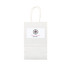 A small white paper bag with two handles and a logo on the front.
