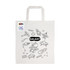 A white cotton tote bag featuring a space-themed design with an astronaut, rockets, and UFOs. Includes crayons and a logo.