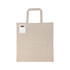 A beige calico bag with short handles and a small label, featuring assorted crayons beside it.