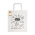 A cotton bag featuring a space-themed design with a rocket, astronaut, and UFOs, in a natural colour. It includes a logo.