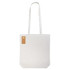A plain white tote bag with long handles, featuring a small tag and no visible pattern or design.