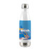 A drink bottle in blue and silver with a sleek design and a logo. Ideal for keeping beverages cold.