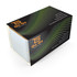 A light blue lunch box with a sleek design, featuring a logo and a black geometric pattern on the lid.