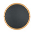 A round cheese board with a natural bamboo edge and a black slate surface. It features two handles.