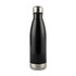 A drink bottle in a sleek black finish with a stainless steel base and a screw-top lid.