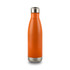 A drink bottle in vibrant orange with a stainless steel base and a sleek design. Features a logo on the surface.