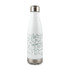 A drink bottle in white with a metallic silver lid, featuring a graphic design of construction tools.