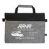 A grey felt satchel with a black top and a zip, featuring a logo and contact details for RV rentals.