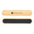 A bamboo nail file featuring a dark sanding surface and a logo. The design is sleek and minimalist.