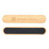 A bamboo nail file with a smooth wood exterior and a textured black filing surface; features a logo.