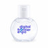 A clear hand sanitiser bottle with a circular shape and a flip-top lid, featuring a logo on the front.